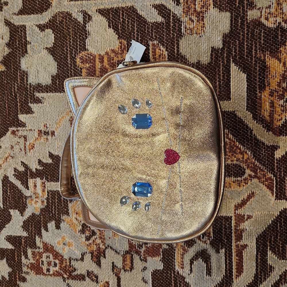 Betsey Johnson Gold Cat Face Crossbody Bag with Blue Gem Eyes and Pink Heart